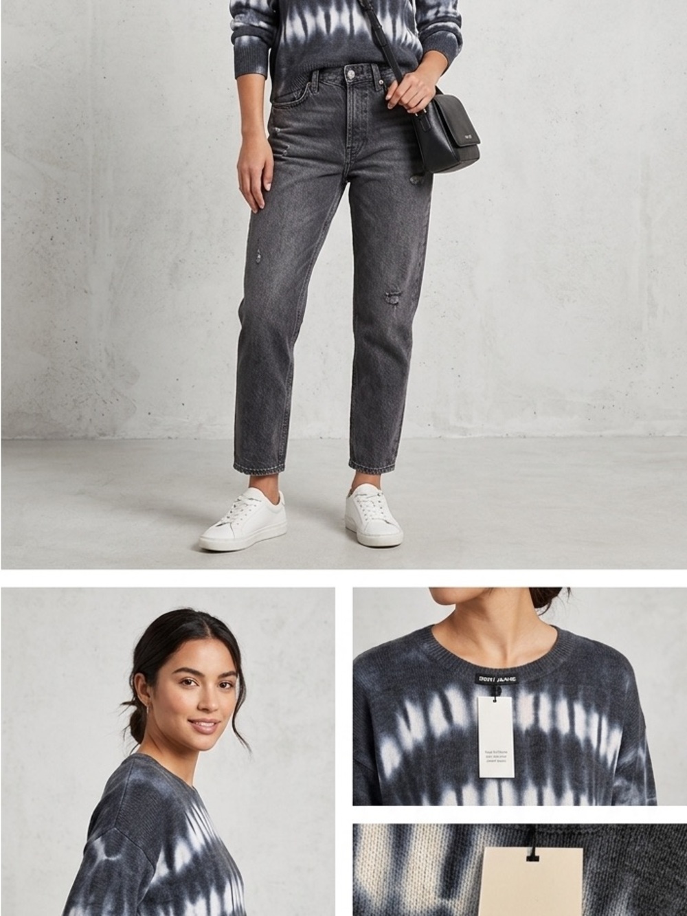 DKNY Jeans Tie Dye Knit Sweater NWT Black White Crewneck Size L